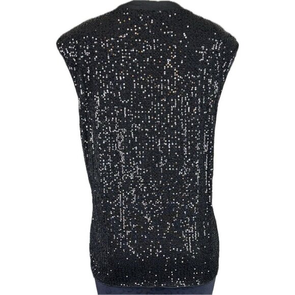 Timing L Black Sequin Crew Knit Neckline Padded Shoulders Sleeveless Tank Blouse - Picture 4 of 6